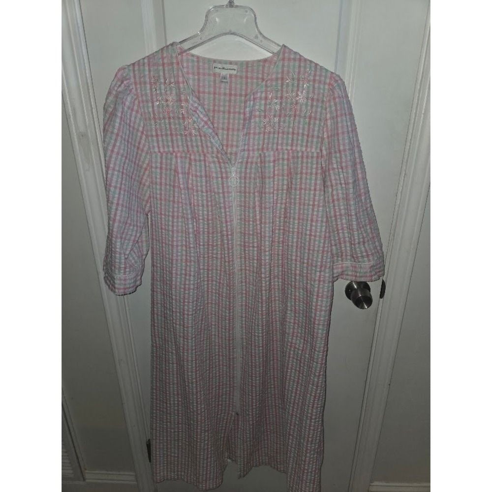 Miss Elaine Pink Green Gingham Seersucker Zip Front Embroidered Nightgown Large